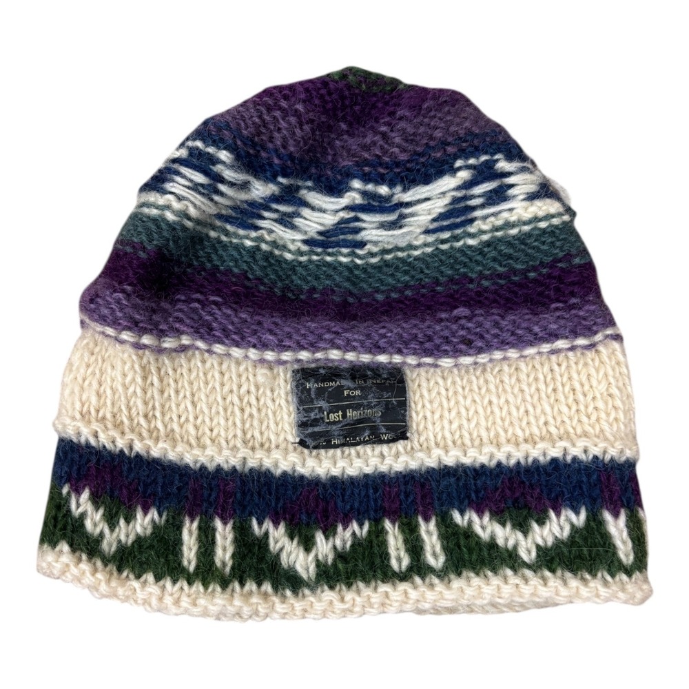 Vintage Lost Horizons Handmade Nepal Wool Beanie Hat Multicolor Striped Pom - Picture 3 of 4